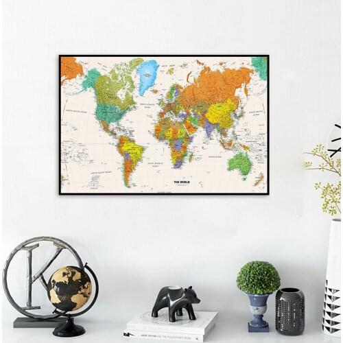 60*40cm The World Political Map with Details Spray Canvas Painting Retro Wall At Poster School Supplies Living Room Home Decor