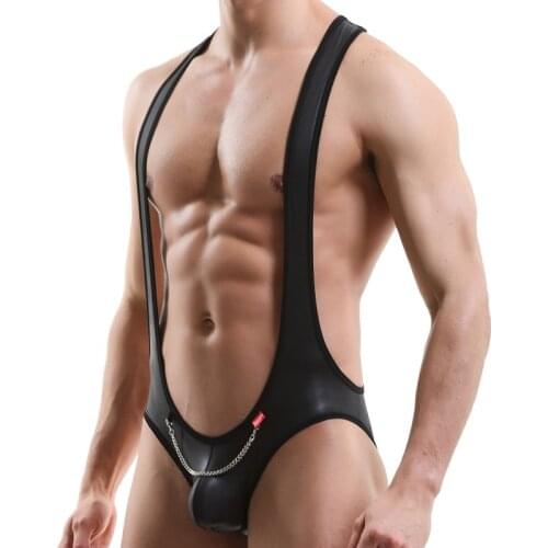 Sexy Men Faux Leather thong Man Fitness Bodybuilding Chain Bodysuit Gay Penis Pouch Jumpsuit Casual Shaper Underwear Shapewear