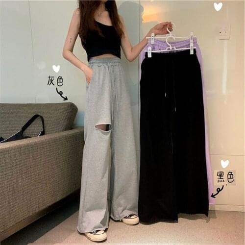 Baggy Wide Leg Pants Women Casual Streetwear Loose Outfits Hole High Waisted Hip Hop Summer Jogger Pockets Sweatpants