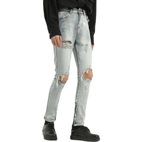Men Broken Hole Slim Fit Zipper Hem Legged Denim Pants Male Streetwear Vintage Hip Hop Punk Gothic Jeans Trousers
