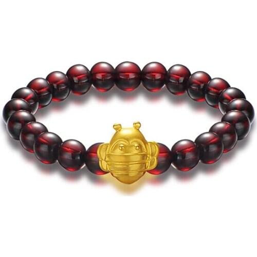 Hot sale 999 24k Yellow Gold 3D Bee Garnet Beads Elastic Line Bracelet 0.88g