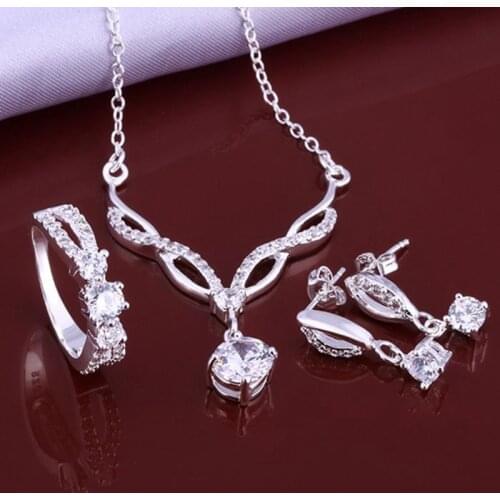 Free Shipping Good Price Silver plated 925 jewelry sets for woman sterling-silver-jewelry sets/ Earring509 Necklace531 Ring398-8