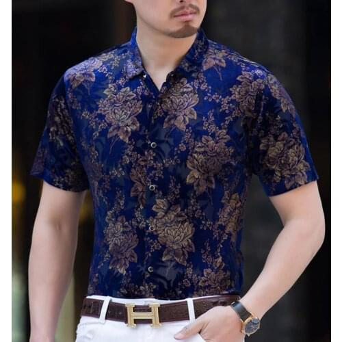 Cool See Summer Through Silk Shirts Mens Blue Short Sleeve Business Casual Floral Transparent Dress Thin Soft Shirt