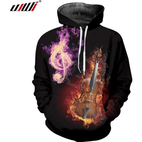 UJWI Mens Flame Guitar Hoodies 3D Printed Purple Musical Note New Arrivals Pullover Man Sports Clothing Direct Selling
