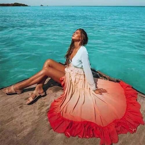 New Women Beach Dress Cover-Ups Long-Sleeve Deep V-Neck High-Cut Front Split Loose Flowing Summer Clothes Midi Dresses Plus Size