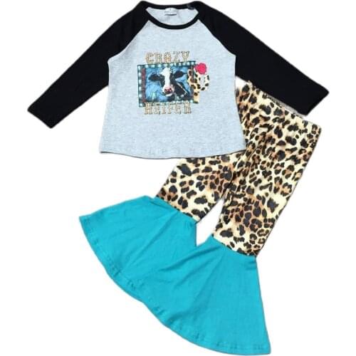 Fall Winter Girls Heifer Print Raglan Leopard Bell Bottom Pants Kids Farm Set