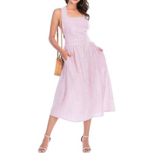 Women Striped Print Back Cross Dress Cotton Fashion Casual Female Tops Show Thin Vest Elegant Midi Sundress Dresses