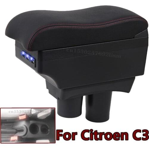 For Citroen C2 C3 armrest box USB Charging Double layer central Store content cup holder ashtray accessories