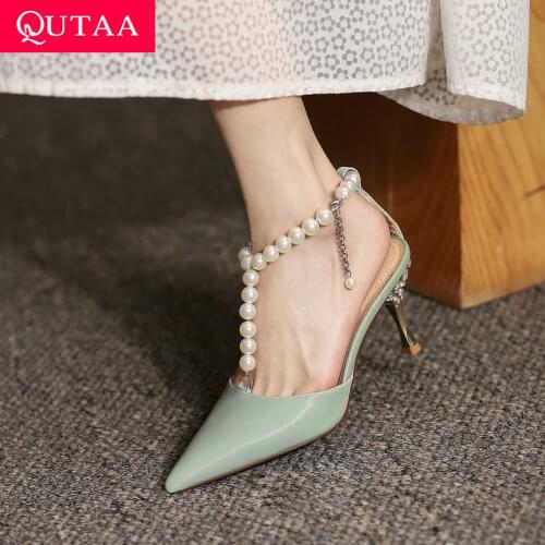 QUTAA 2021 String Bead T Strap Hollow Thin High Heels Female Pointed Toe Sandals Genuine Leather Summer Women Shoes Size 34-39