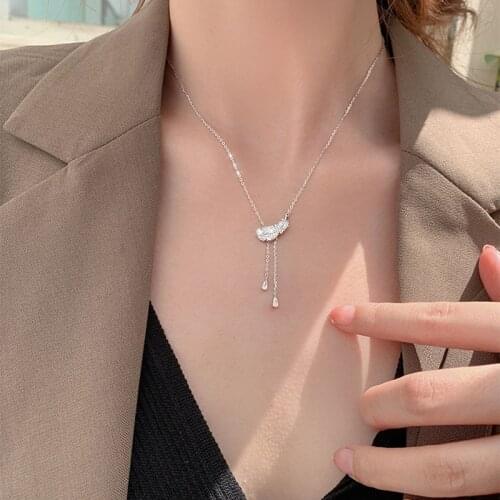 925 Sterling Silver Snhiy CZ Feather Long Tassel Necklace for Women Lady Silver Dainty Jewelry Gifts Wholesale S-N732