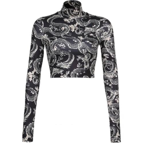 Chic Women Long Sleeve Dragon Print Turtleneck Crop Top Thumb Hole Slim Blouse