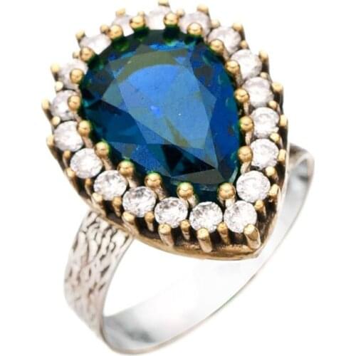 Blue Sapphire Gemstone Hurrem Sultan Authentic Women Adjustable Ring Model