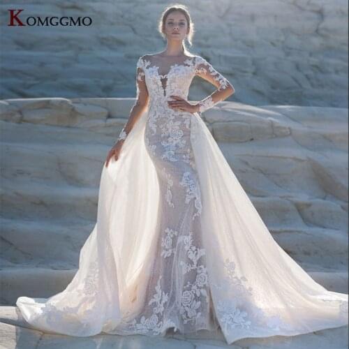 Custom Made Full Sleeve Detachable Train Embroidery Appliques Tulle Mermaid Wedding Dress Luxury O-Neck 2 IN 1 Bridal Gown