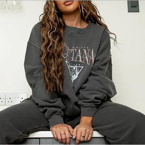 Women Sweatshirt 2020 Vintage Letter Wolf Print Casual Loose Long Sleeve Sweatshirt Oversized Top Round Neck Pullover Streetwear