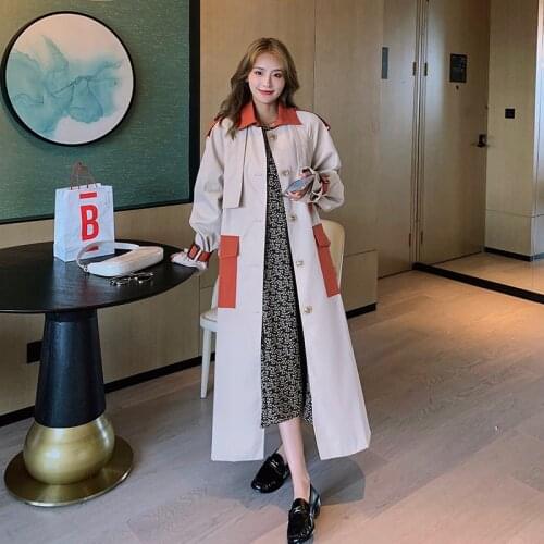 Womens Windbreaker Long Spring Autumn Korean Loose Stitching Trench Coat Khaki Ladies Cloak High Quality New Workwear Jacket