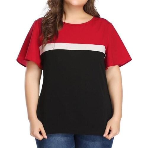Plus Size Stitching Color Top Women T-Shirt Casual O-Neck Short Sleeves Cotton Tops And Bloues Summer Camisetas De Mujer