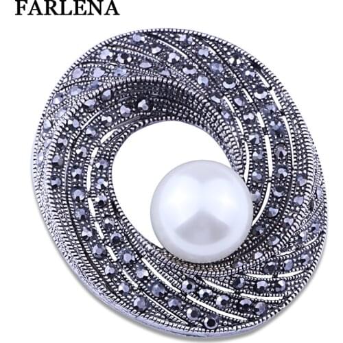 FARLENA Jewelry Black Gun Plated Imitated Pearl round Pins and Brooches Vintage Rhinestone Brooch for Women