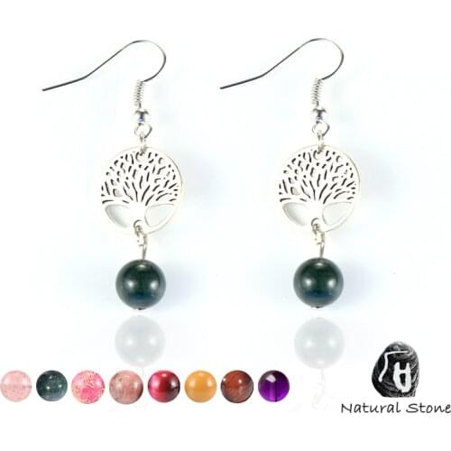 Women Natural Stone Crystal Earring Tiger Eye India Onyx Stone 8mm Beads Dangling Pierced Tree of Life Earring Hoops Jewelry