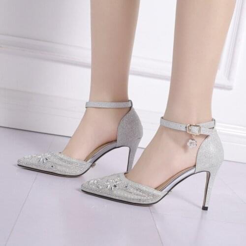 YMECHIC 2018 Summer Ladies Party Wedding Bride Silver High Heel Shoes Woman Crystal Rhinestone Bling Stiletto Heels Buckle Pumps