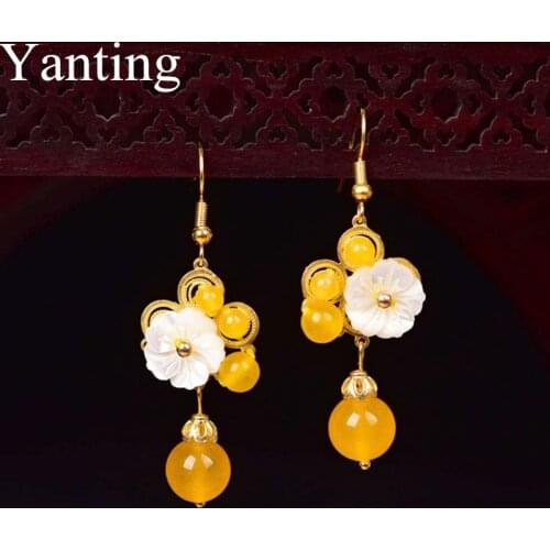 Yanting Luxury Palace Earrings For Women Vintage Handmade Statement Earring Jewelry Ethnic Yellow Chalcedony Women Earring 0416