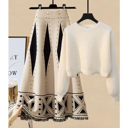 Korobov Korean O Neck Long Sleeve Women Pullovers Sweaters and High Waist Hit Color A-LIne Pleated Skirt 2 Pieces Sets