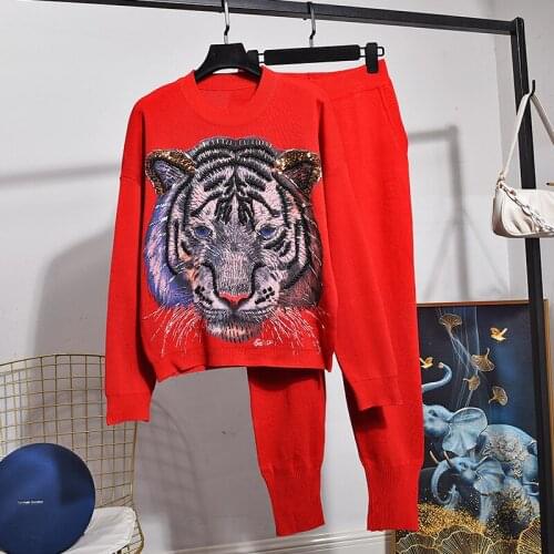 Red Casual Knitted Tracksuit Outfits Women Fashion Manual Bead Tiger Pattern Print Long sleeve Knit Tops Trousers Sets Female