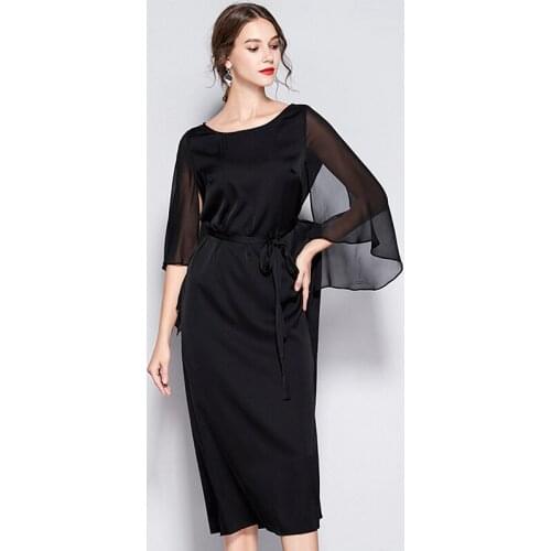 100% Silk Dress Women Simple Design O Neck Sashes Half Sleeves Black Straight Dress New Fashion