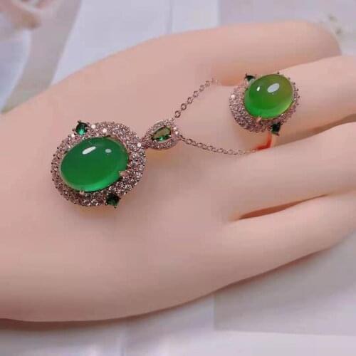 2021 Fashion 925 Egg Face High Ice Chalcedony Hanging Ring Jewelry Two-piece Set