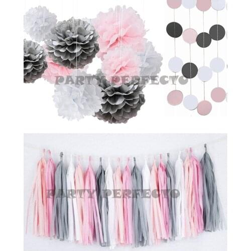 26xNew mixed sizes White Pink Gray asst color tissue paper bunting pom poms wedding party wall hanging decorative banner garland