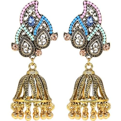 Afghan Crystal Dangle Earrings Indian Jewelry Jhumka Tribal Gold color Tassel Bead Oxidized Earring Ethnic Gypsy Jewelry