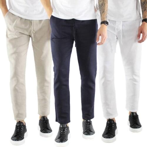 Mens trousers linen baggy Capri summer elastic Slim Fit Pantalaccio comfortable lightweight
