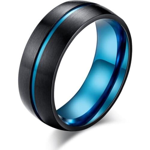 Black and Blue Thin Line Stainless Steel Ring Matte Finished Male Ring Fashion Jewelry 8mm