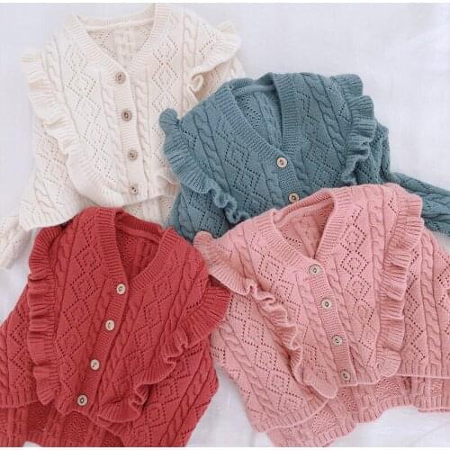 Girls Spring and Autumn Sweet V-neck Single Breasted Lace Sweaters Children Long Sleeve Cotton Cardigan Little Kids Knitted Coat