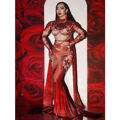 Elegant Mermaid maxi Dress Red Rhinestones turtleneck tight Print Party Evening Singer Stage birthday wedding designer Outfit