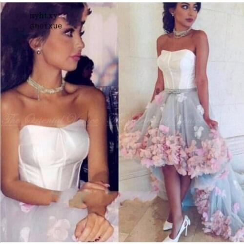 Hi Low Muslim Evening Dresses 2020 Sexy Ball Gown Sweetheart Tulle Flower Islamic Dubai Saudi Arabic Long Formal Evening Gown