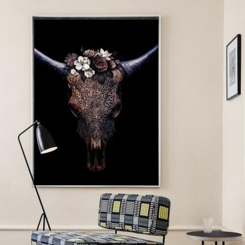 Canvas Painting wall art Posters Nordic Bull skull carved pattern Wear flowers on your head Room Decoration Modern art painting