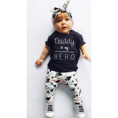 New Infant Baby Girl Clothes Set Letter 100% Cotton O-Neck Tops And Legging Pants+Headband Summer Outfits