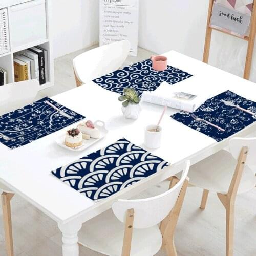Cotton Linen Tableware Mat Japanese Style Blue Printed Pattern 32*45CM Simple Modern Household Kitchen Decoration Tabletop Pads