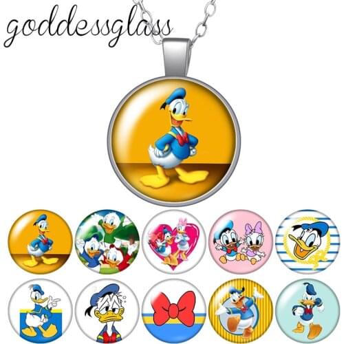 Cute Donald Duck Daisy Cartoon Kids Gift Round Glass glass cabochon silver plated/Crystal pendant necklace jewelry for Gift