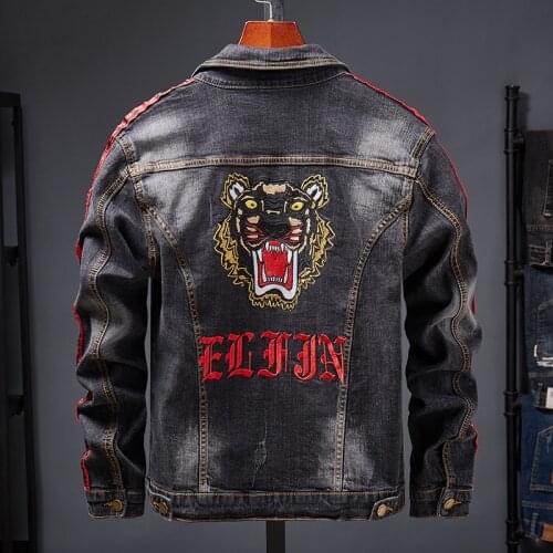 Fashion Tiger Head Embroidered Denim Jacket Cool Mens Long Sleeve Windbreaker Cowboy Spring Autumn Jean Overcoat Plus Size M-5XL