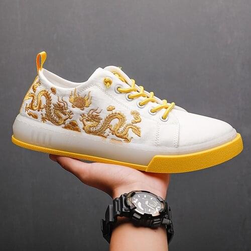 Mens Embroidery Dragon Round Toe Lace Up Flats Sneakers Skatebord Casual Shoes Boys Sport Yellow White