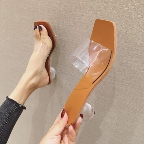 2021 New Summer transparent women crystal geometric heel women slippers shoes clear PVC sandals square toe ball heel slides