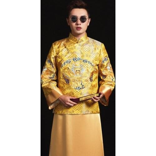 New arrival male Gold Chinese style costume the groom dress jacket long gown traditional Chinese wedding Qi pao for men