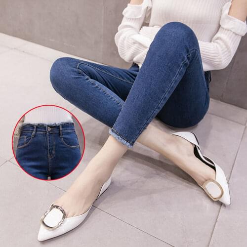 New Slim Stretch High Waist Skinny Jeans Female Scratch Worn Feet Vintage Black Blue Pencil Pants Women Jeans Plus Size S-4XL