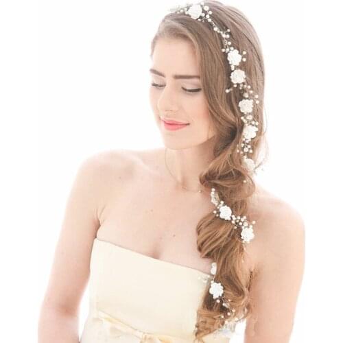 Long Silver Color Wedding Bride Hair Jewelry Flower Pearl Rhinestone Headbands Handmade Hairbands Hair Accessories Women Diadem