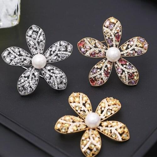OKILY Elegant Big Flower Brooch Jewelry Luxury for Women Brooch Pin Bouquet Rhinestone Pearl Brooches And Pins Scarf Clip Pin