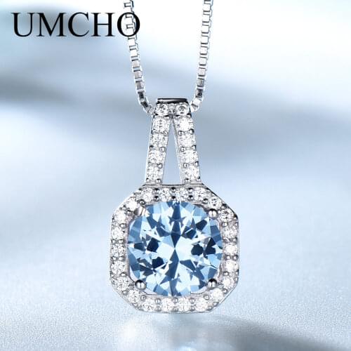 UMCHO Gemstone Necklaces & Pendants 925 Sterling Silver Jewelry Wholesale Sky Blue Topaz Necklace For Women Gift With Chain
