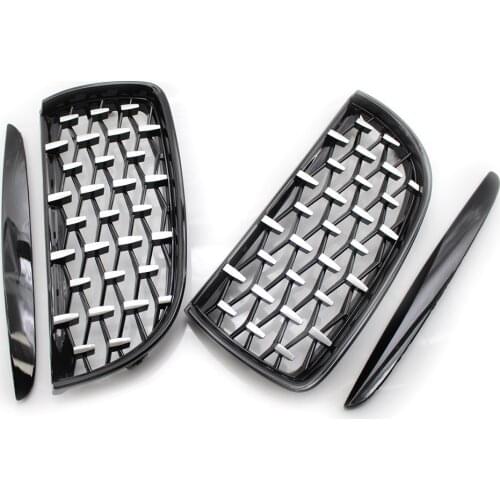Pair of Front Black Frame & Chrome Grille Diamond Meteor Style Fit BMW E90 05-08
