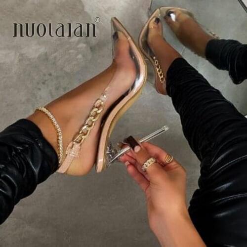 Sexy Nightclub High Heels Transparent PVC Pointed Toe Fashion Metal Chain Women Pumps Party Wedding Shoes Sandals