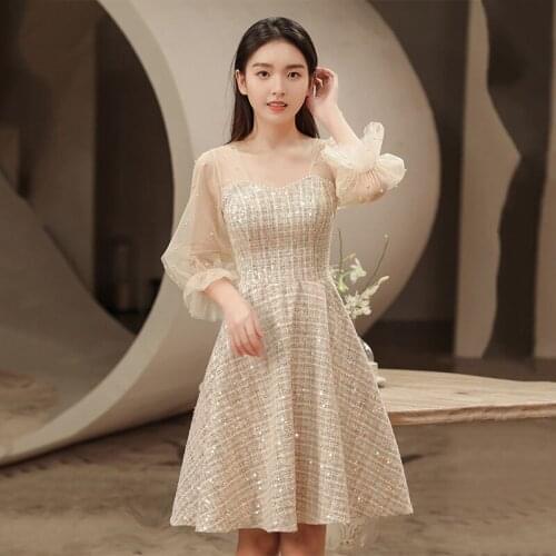 Prom Gown Pearls Square Collar Simple A-Line Sequins Knee-Length Three Quarter Sleeves Elegant Plus Size Party Gowns Women A1491